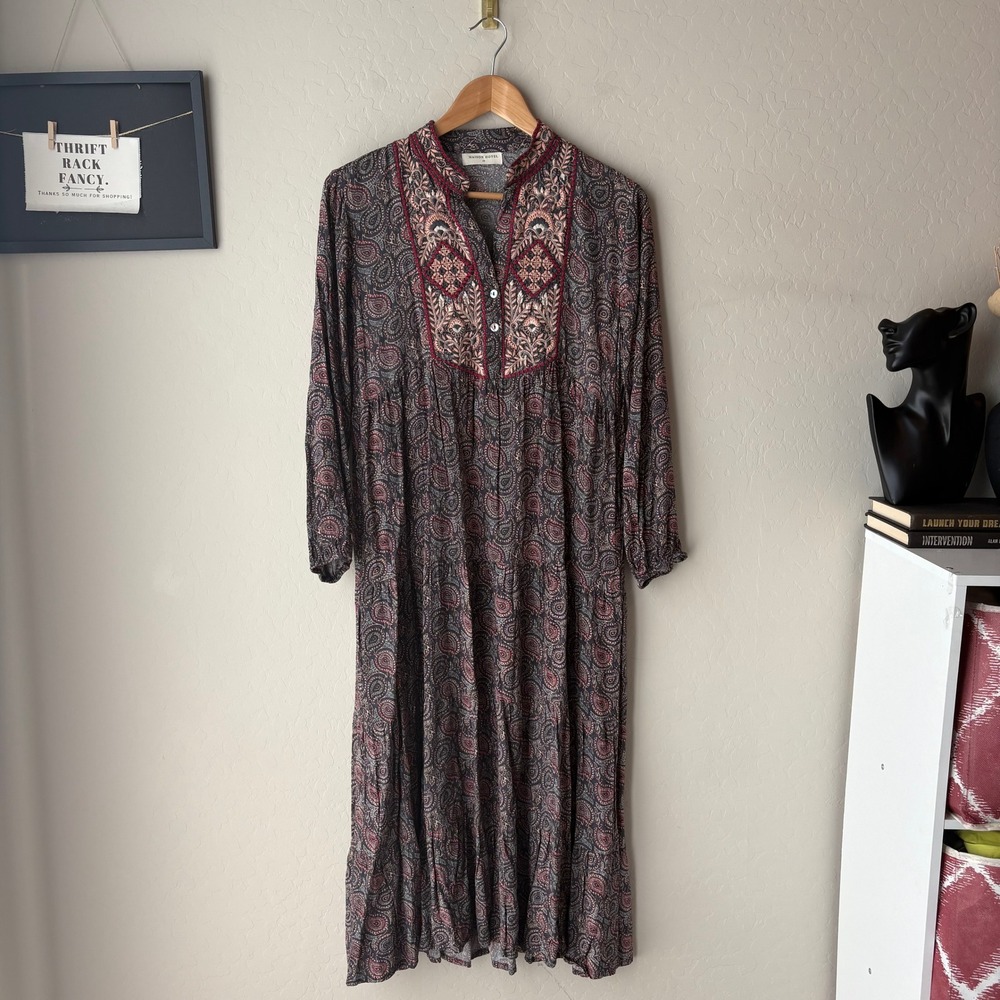 Maison Hotel Embroidered Paisley Tiered Midi Dress Long Sleeve Size XS - Picture 2 of 10